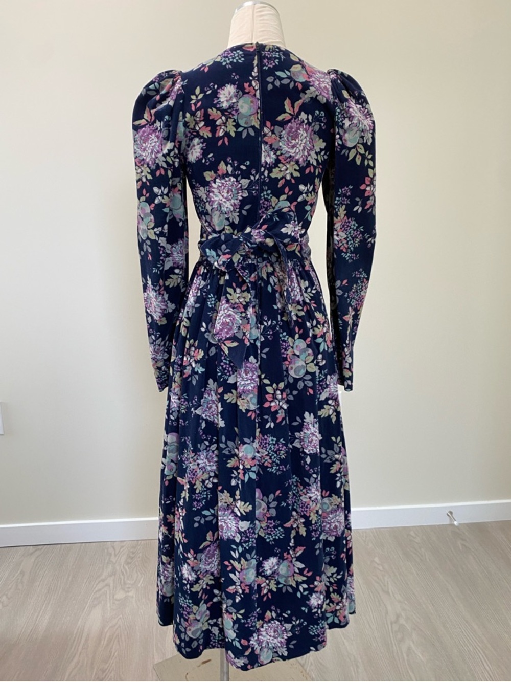 Vintage Laura Ashley Navy Floral Corduroy Long-Sleeve Midi Dress - Picture 5 of 15